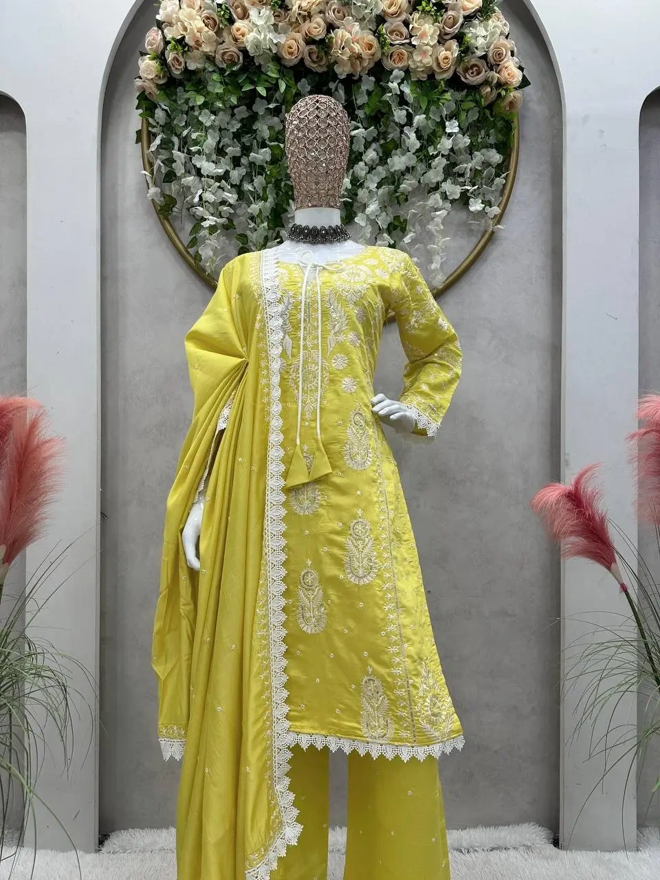 Yellow Maslin Silk Kurti Pant Set With Beautiful Embroidery and Dupatta-Yellow-M-3