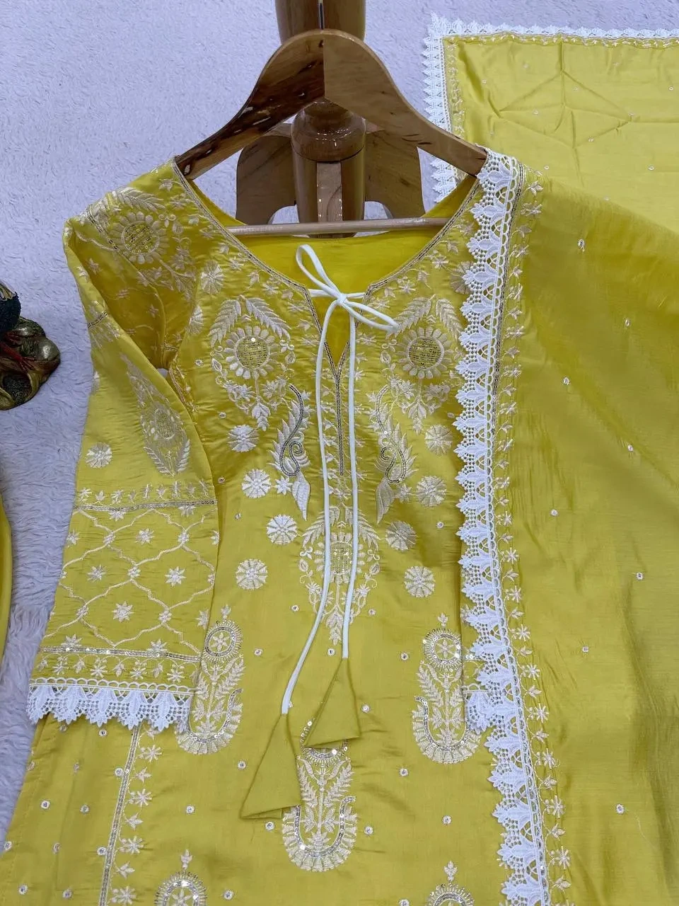 Yellow Maslin Silk Kurti Pant Set With Beautiful Embroidery and Dupatta-Yellow-M-5