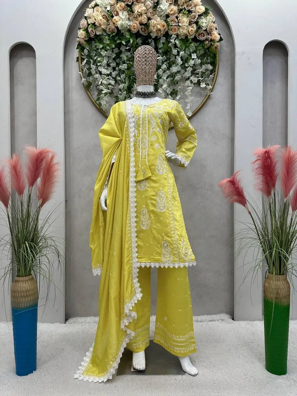 Yellow Maslin Silk Kurti Pant Set With Beautiful Embroidery and Dupatta-Yellow-L-2