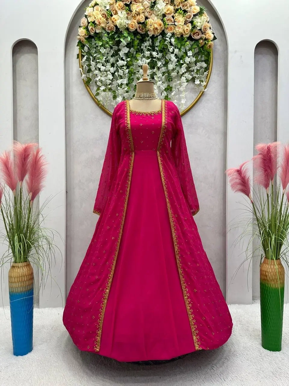 Fancy Pink Color Georgette Thread Sequence Shrug Salwar Suit-Pink-3