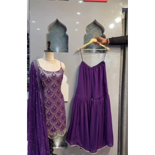 Purple Sequins Embroidered Engagement Wear Faux Georgette Sharara Suit