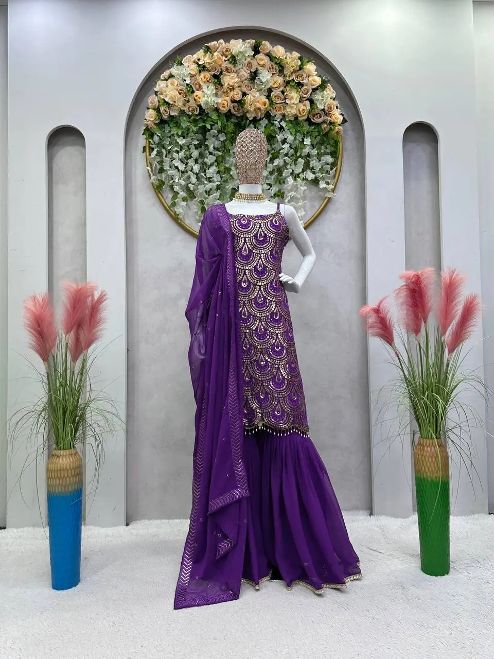 Purple Sequins Embroidered Engagement Wear Faux Georgette Sharara Suit-Purple-M-1