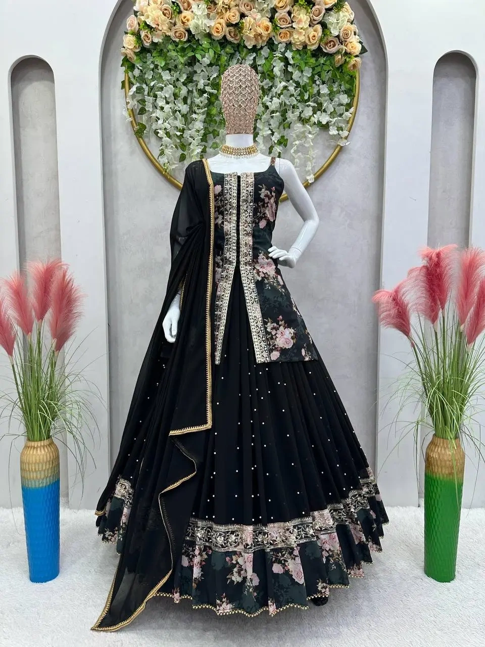 Elegant Black Indo Western Georgette Outfit with Print and Embroidery Work-Black-M-3