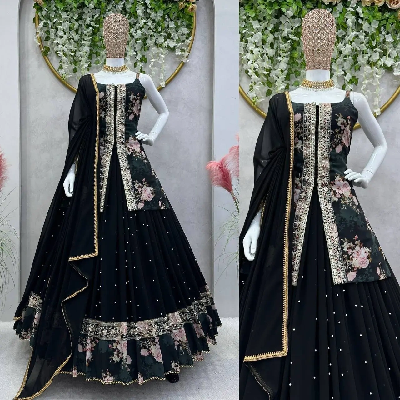 Elegant Black Indo Western Georgette Outfit with Print and Embroidery Work-Black-L-1