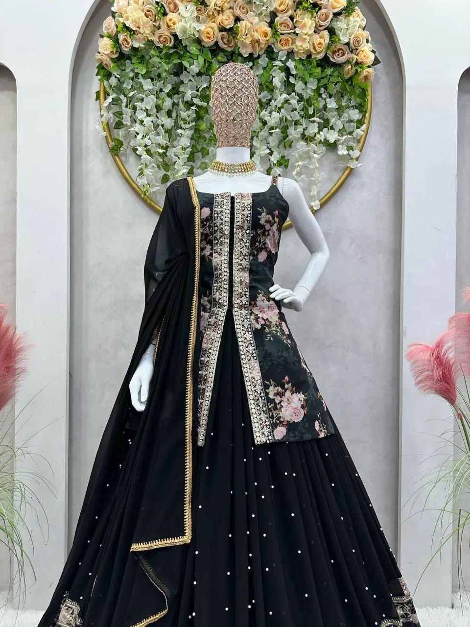 Elegant Black Indo Western Georgette Outfit with Print and Embroidery Work-Black-L-4