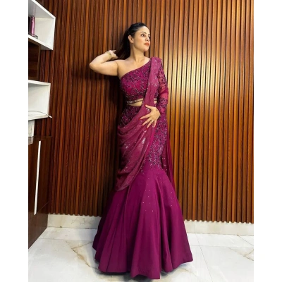 New Model Wine Georgette Thread Sequence Lehenga Saree