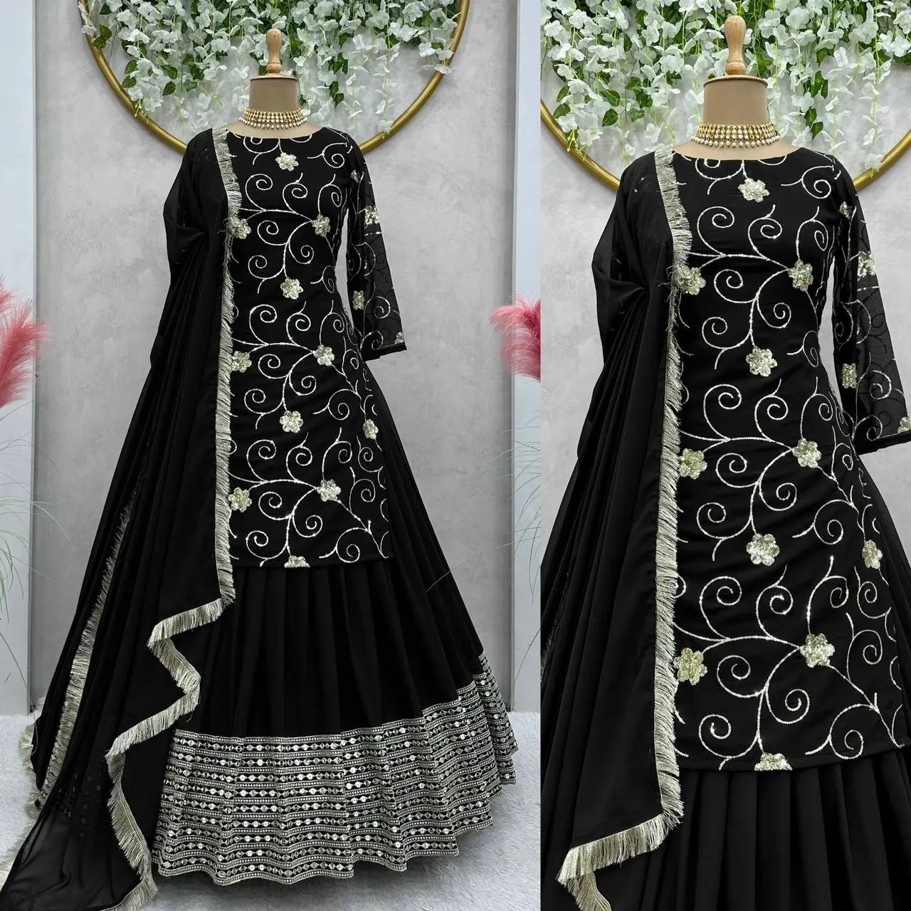 Cute Black Foux Georgette Thread With Sequence Lehenga Choli-BLACK-1