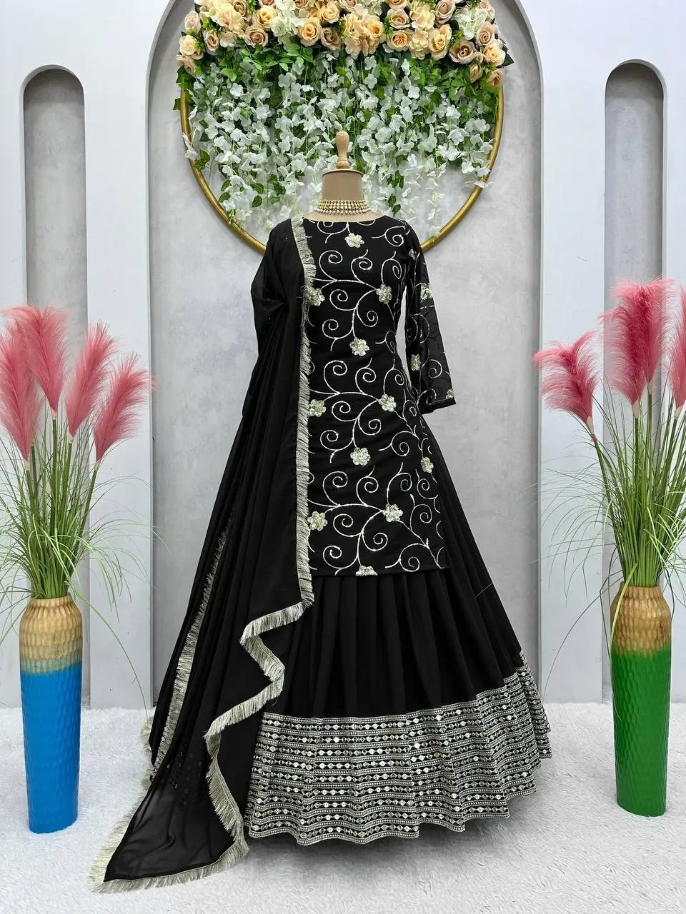 Cute Black Foux Georgette Thread With Sequence Lehenga Choli-Black-3