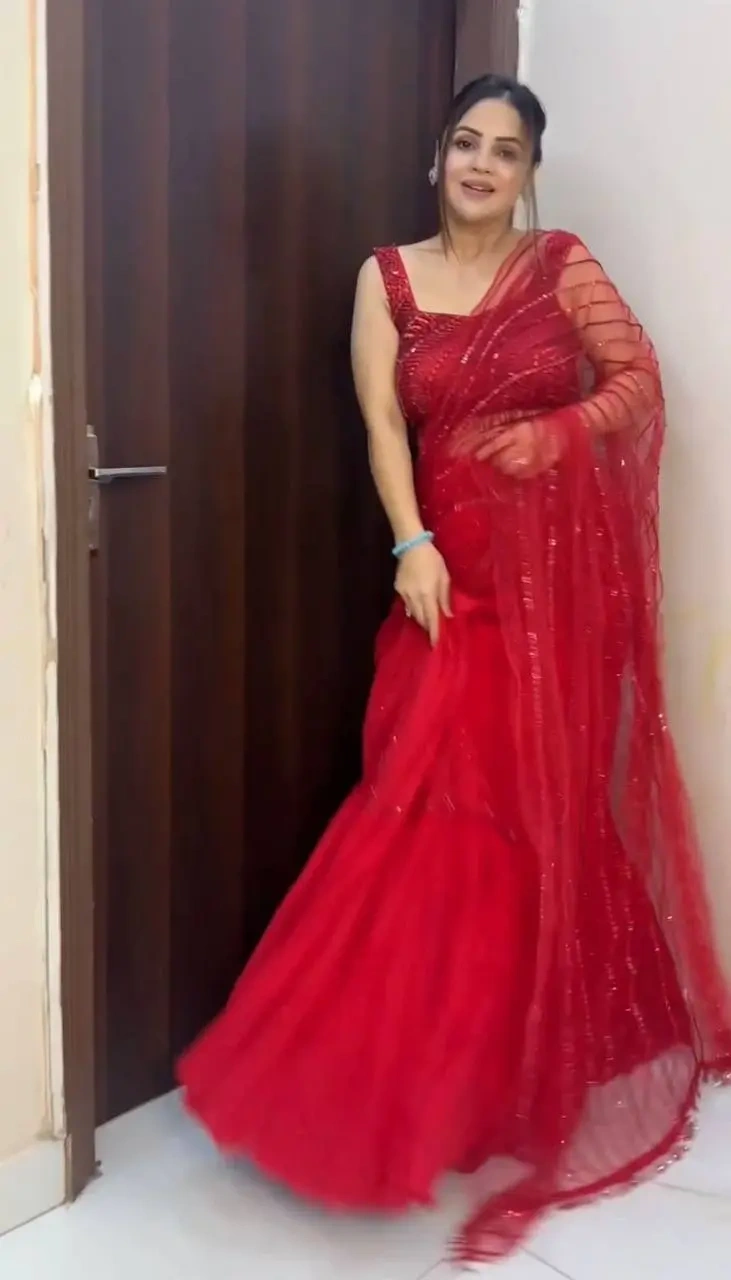 Ready To Wear Red Thread Work Net Lehenga Saree-RTC6470