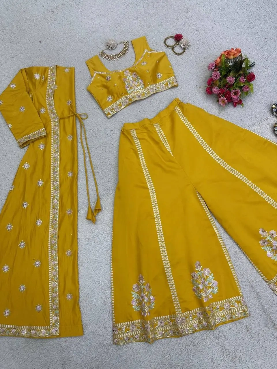 Muslin Silk Lehenga Choli with Dupatta-Yellow-5