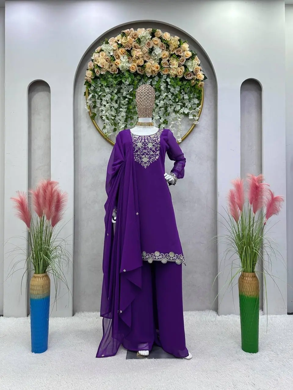 Exquisite Embroidered Georgette Sharara Suit Set-Purple-1