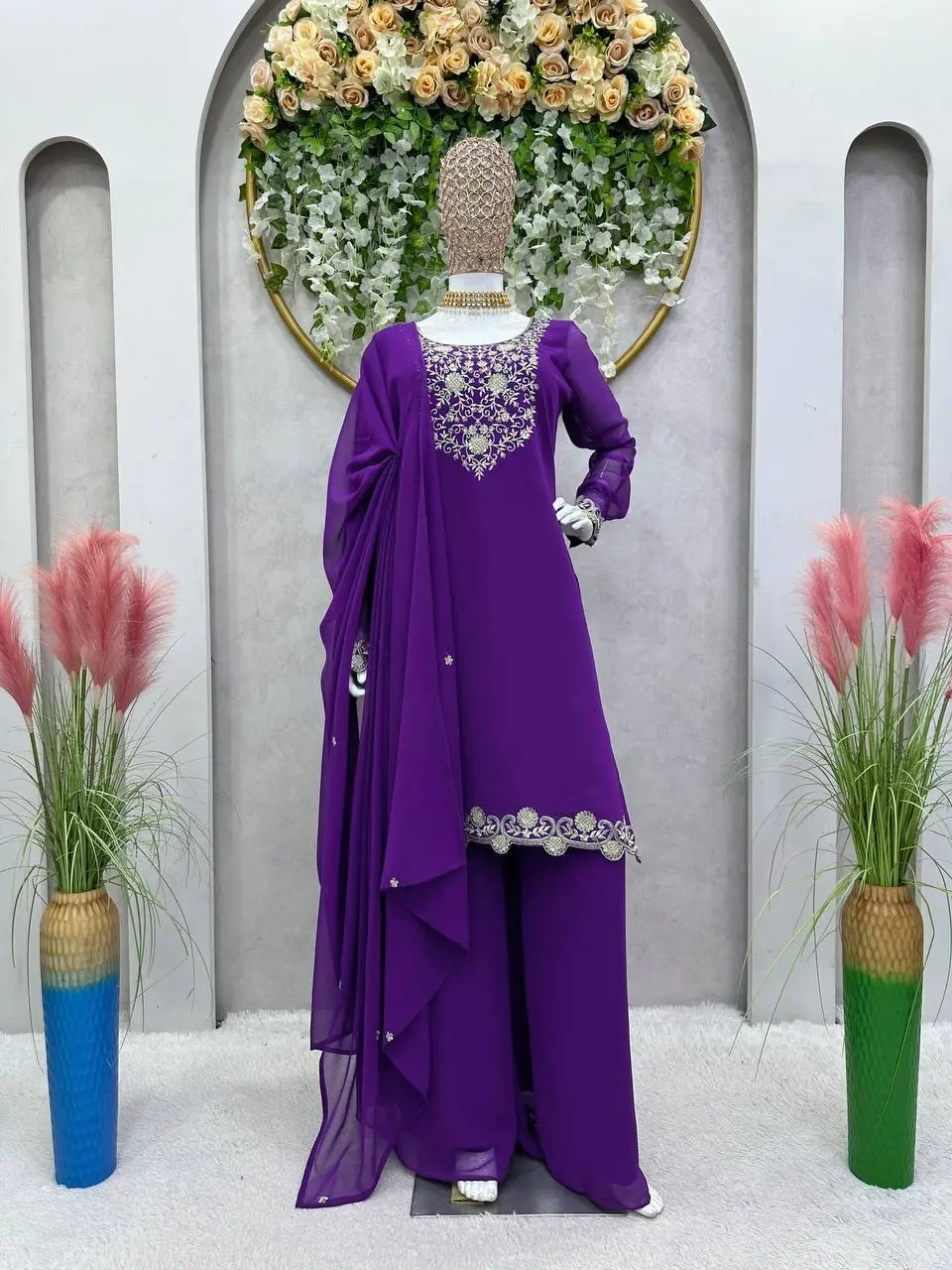 Exquisite Embroidered Georgette Sharara Suit Set-Purple-2