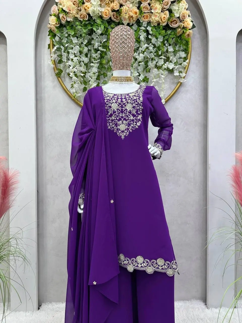 Exquisite Embroidered Georgette Sharara Suit Set-Purple-3