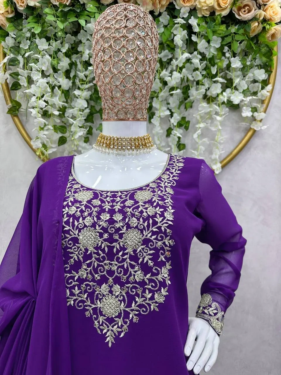 Exquisite Embroidered Georgette Sharara Suit Set-Purple-4