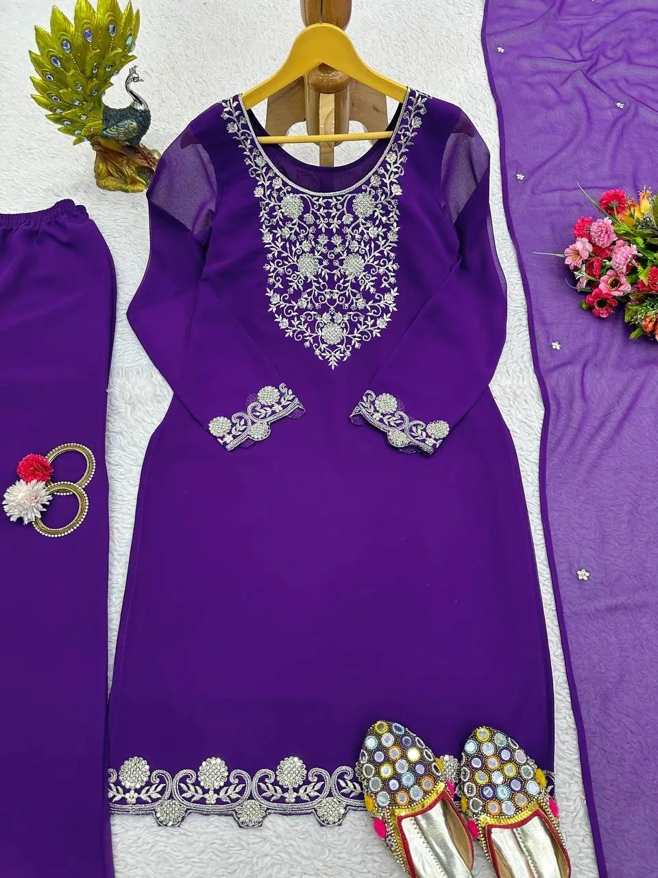 Exquisite Embroidered Georgette Sharara Suit Set-Purple-5