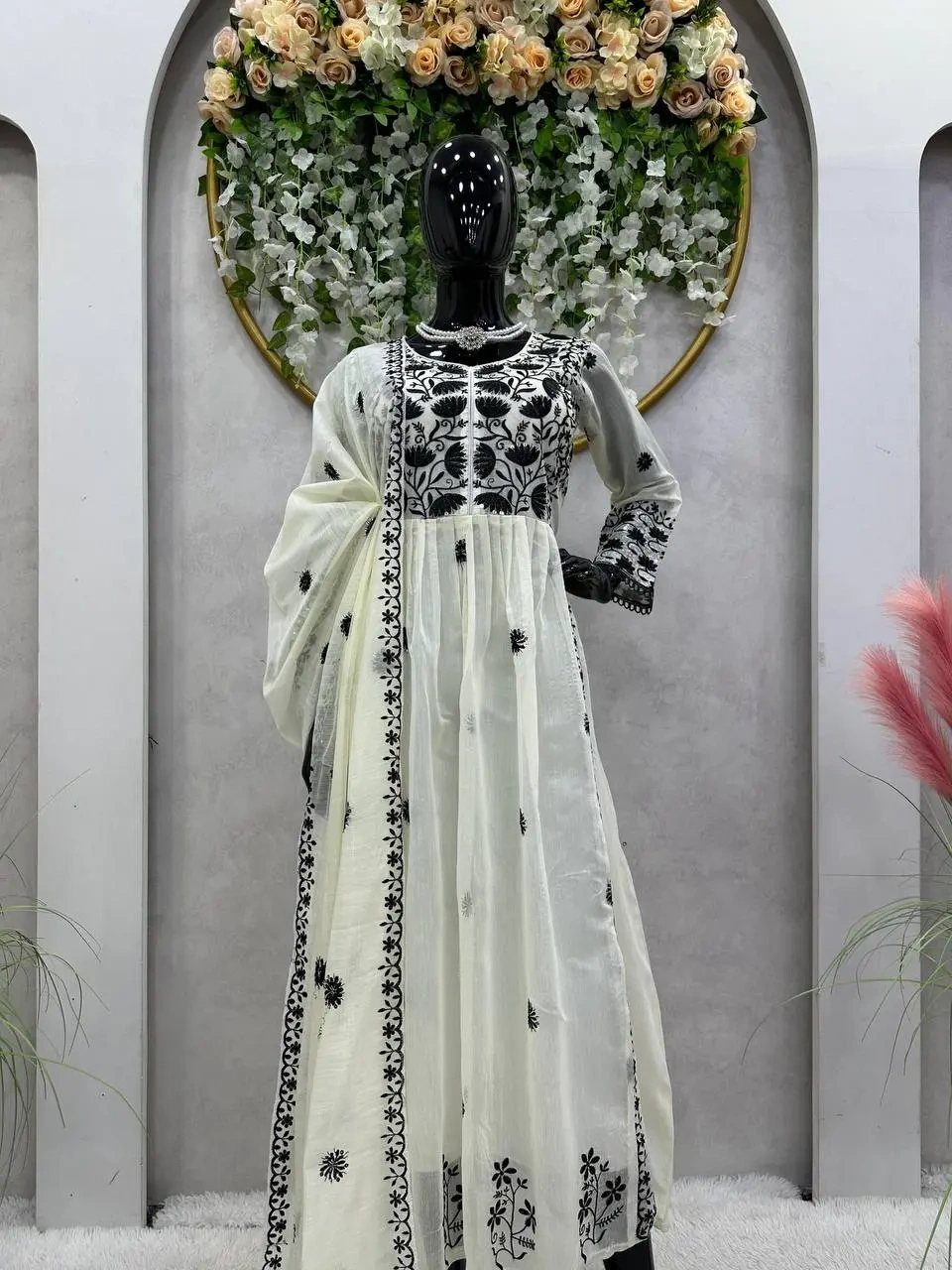 Trendy White Color Thread Sequence Work Chanderi Ready Made Gown Duppata-White-XL-3