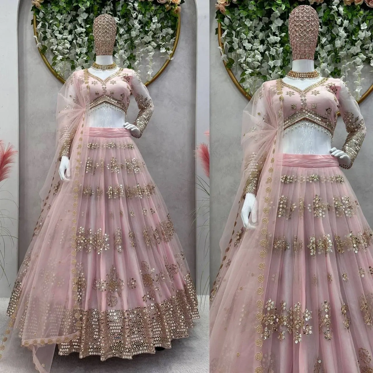 Baby Pink Color Butterfly Net Sequence Lehenga Choli-QRC251