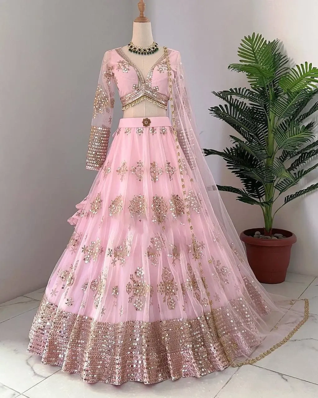 Baby Pink Color Butterfly Net Sequence Lehenga Choli-Pink-1