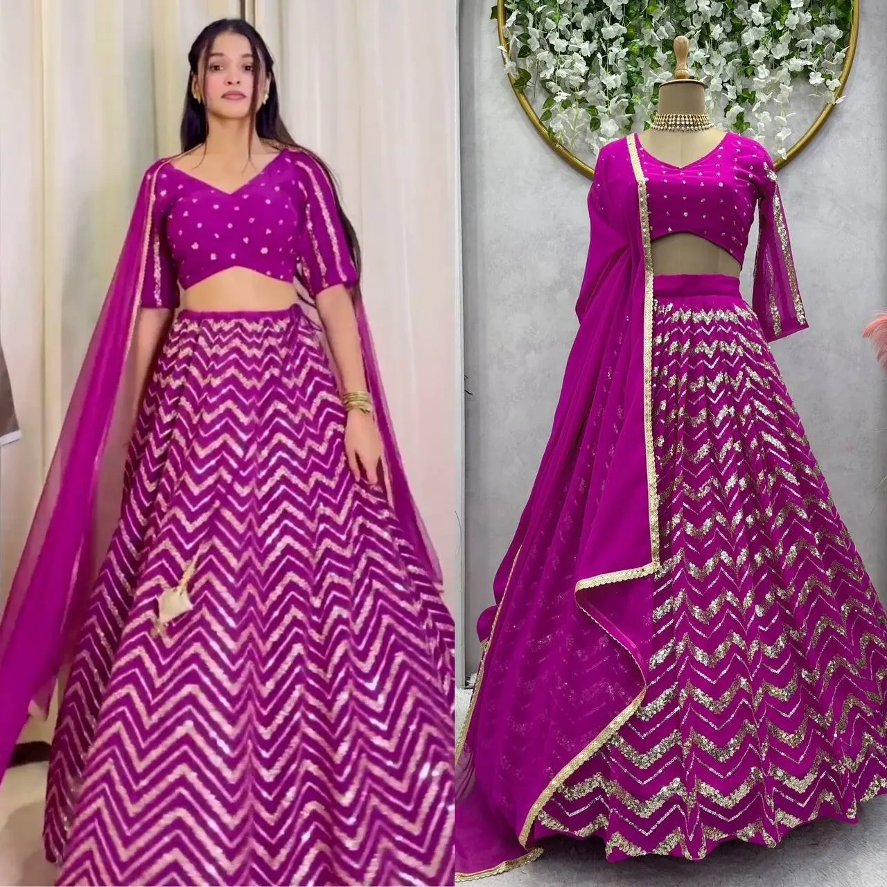 Faux Georgette Sequins Party Wear Lehenga Choli In Purple-QRC252