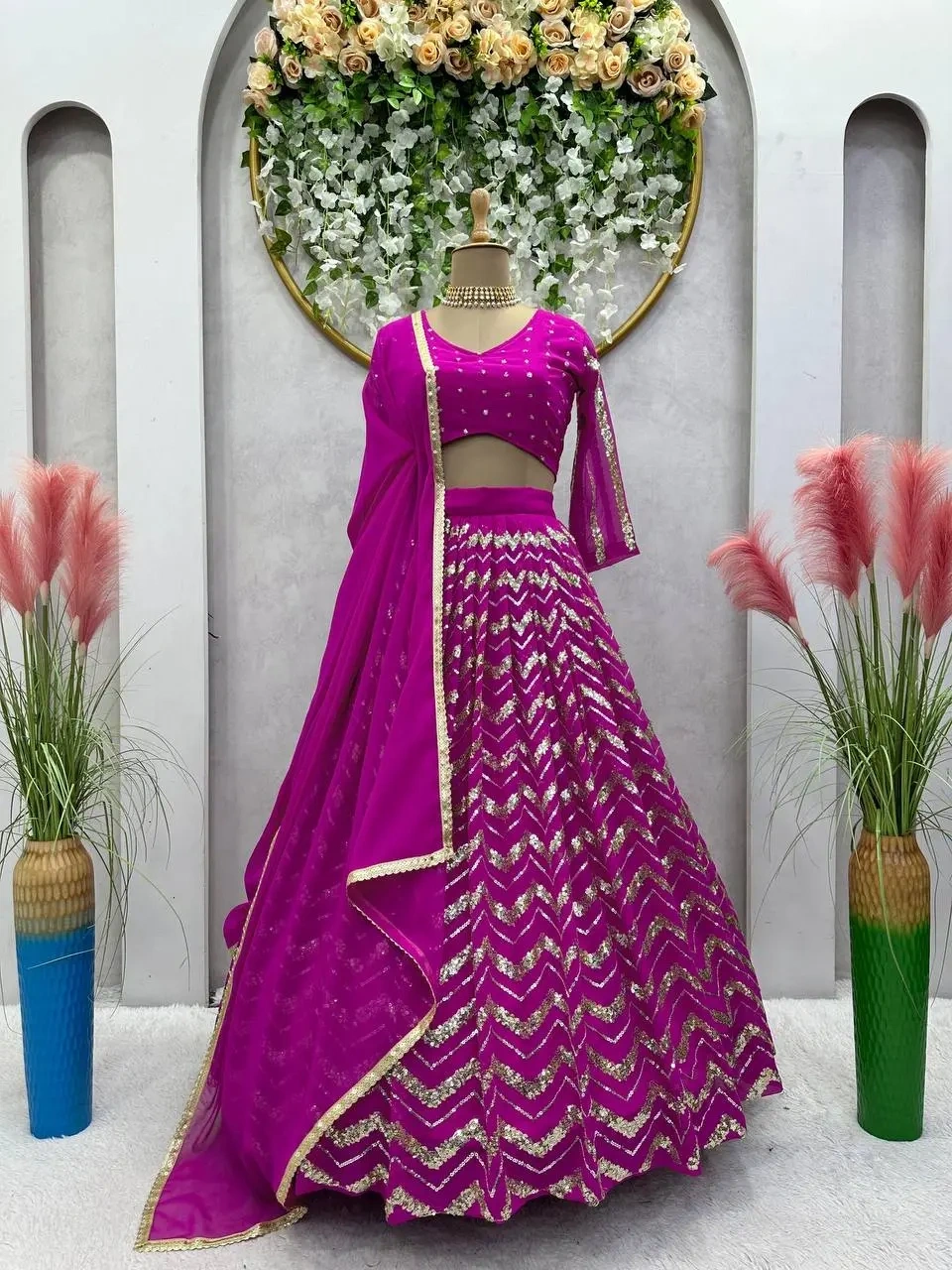 Faux Georgette Sequins Party Wear Lehenga Choli In Purple-Purple-2