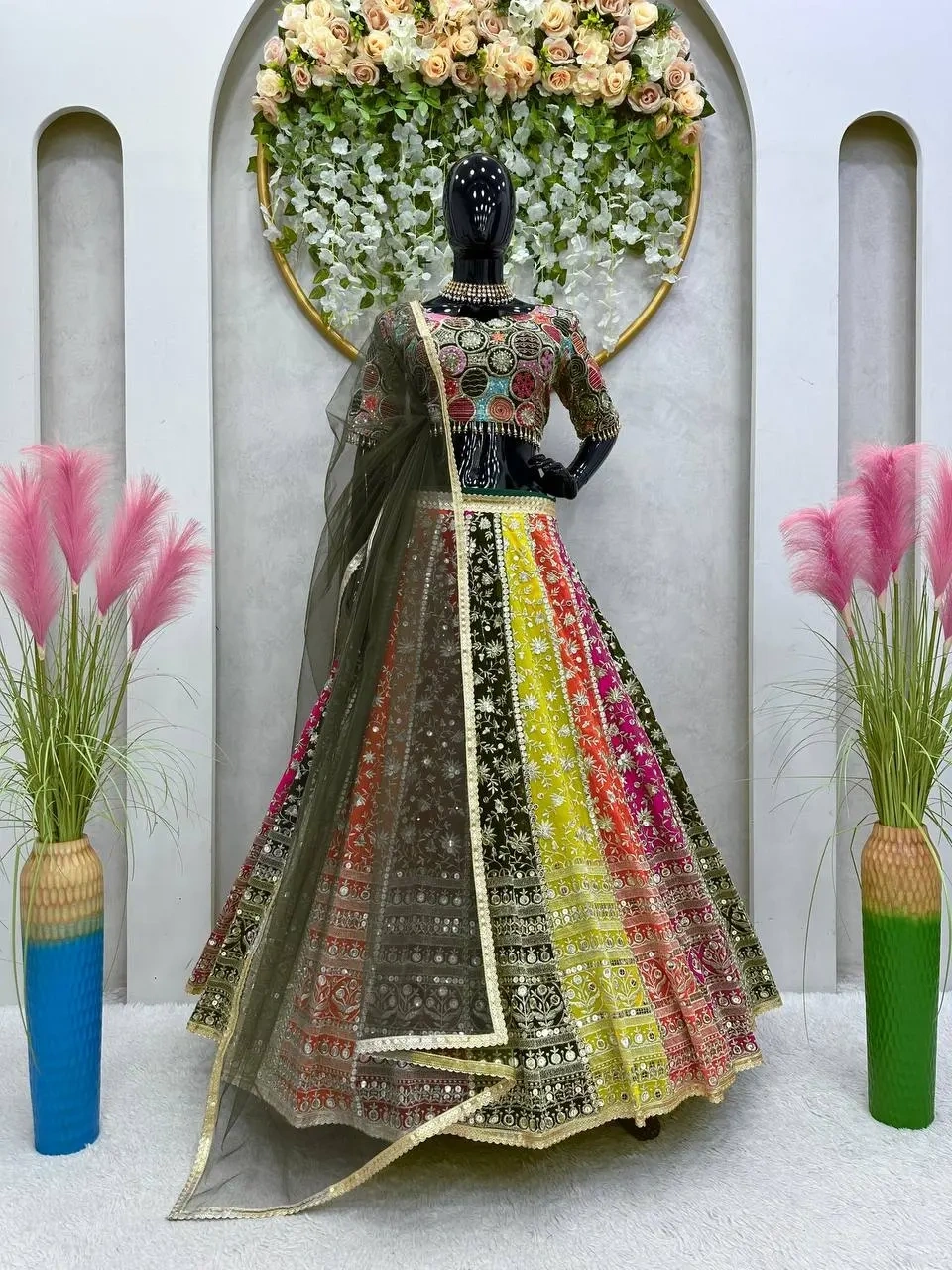 Multicolor Faux Georgette Sequence Lehenga Choli-1