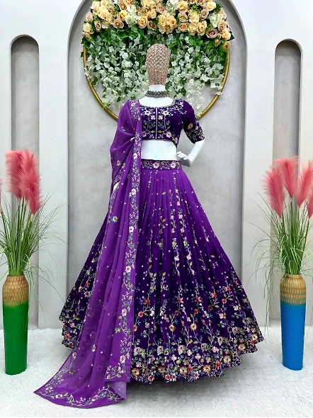 Purple Color Faux Georgette Digital Print Lehenga Choli-Purple-2
