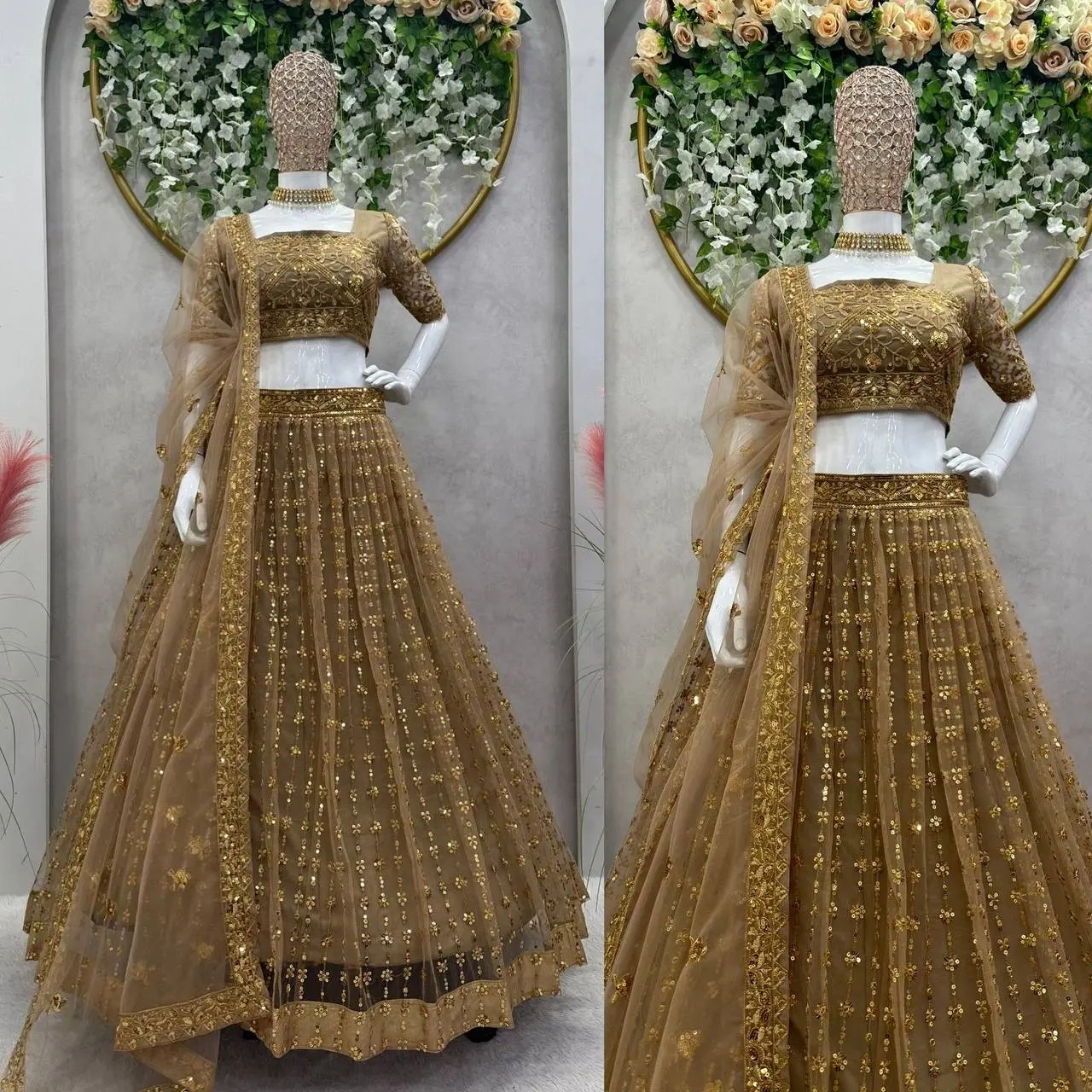 Brown Color Wedding Lehenga Choli in Soft Net Golden Sequence Bridal Lehenga-QRC253