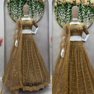 Brown Color Wedding Lehenga Choli in Soft Net Golden Sequence Bridal Lehenga