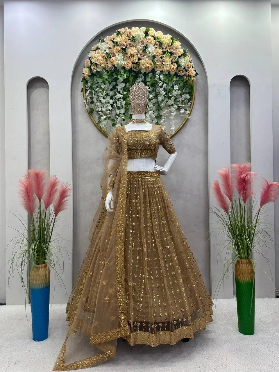 Brown Color Wedding Lehenga Choli in Soft Net Golden Sequence Bridal Lehenga-1