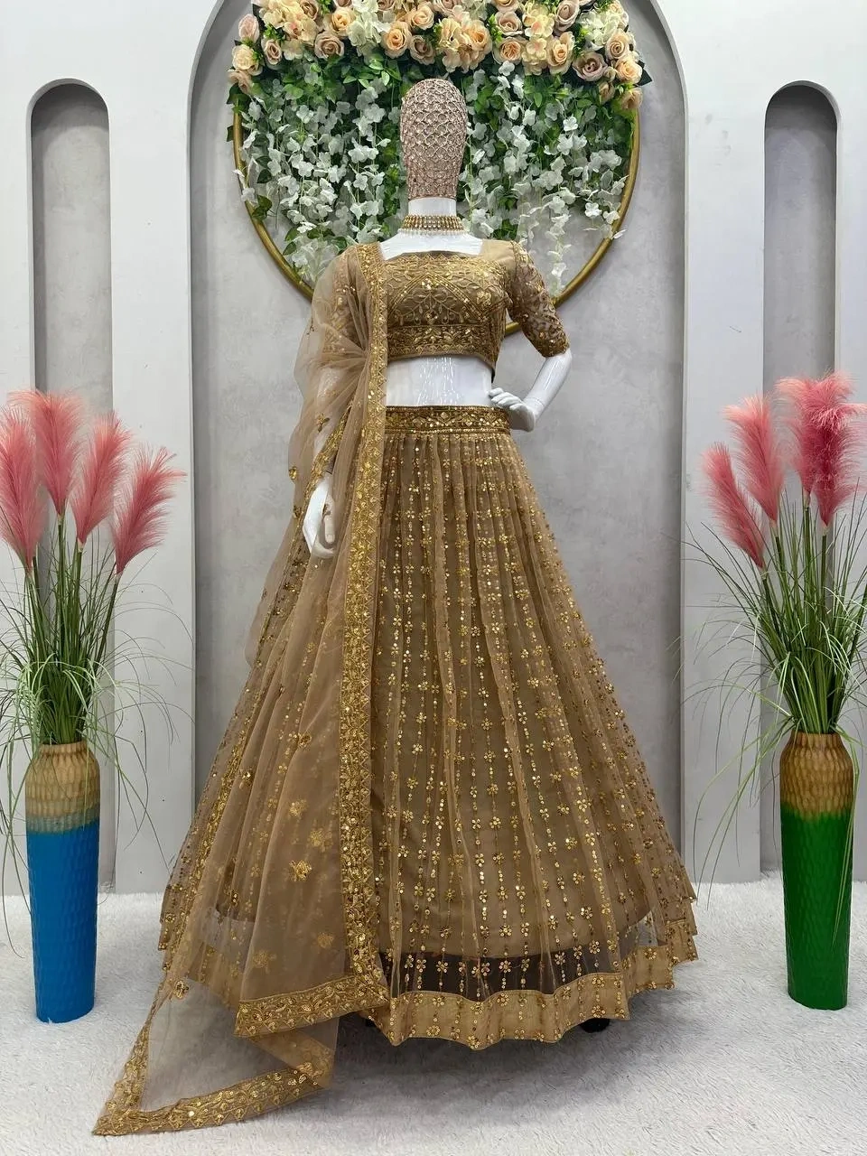 Brown Color Wedding Lehenga Choli in Soft Net Golden Sequence Bridal Lehenga-2