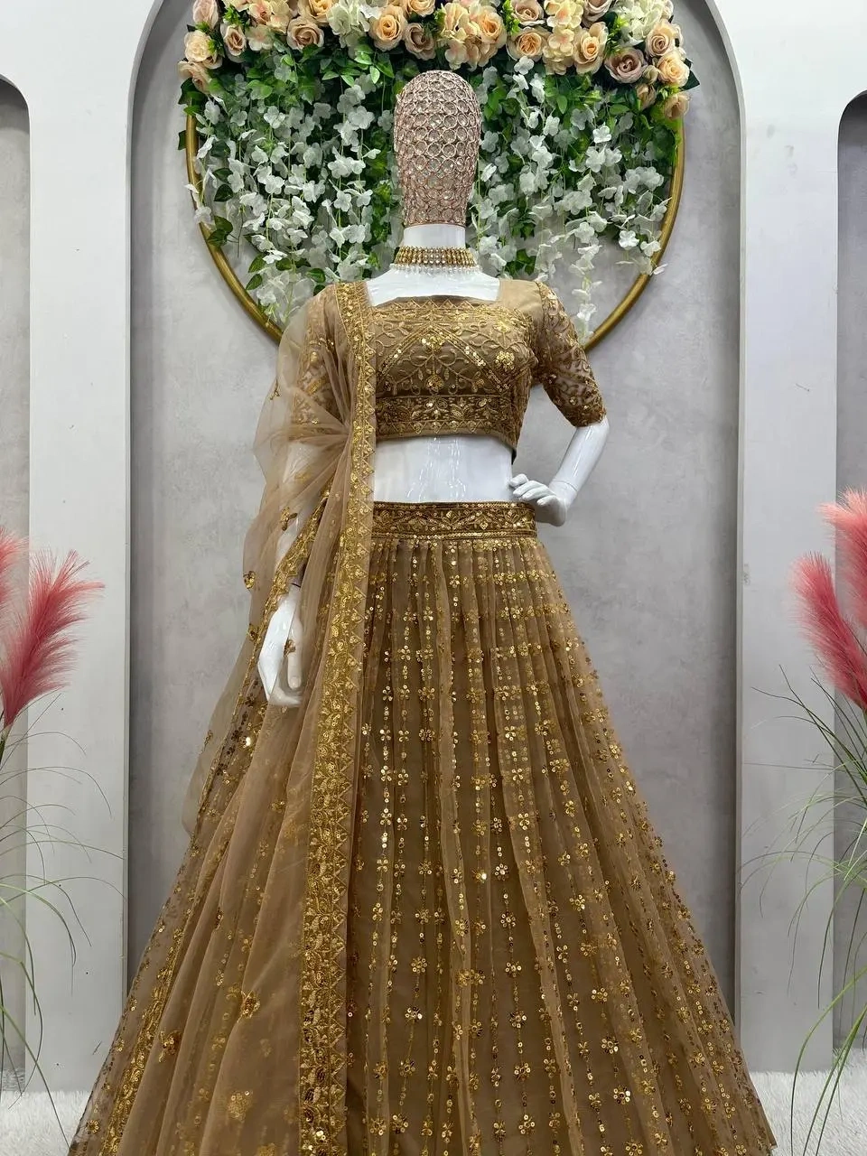 Brown Color Wedding Lehenga Choli in Soft Net Golden Sequence Bridal Lehenga-3