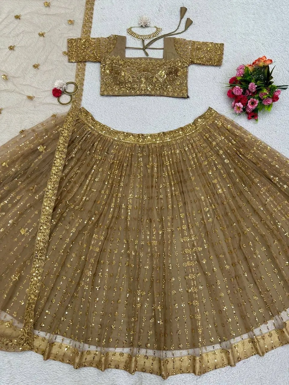 Brown Color Wedding Lehenga Choli in Soft Net Golden Sequence Bridal Lehenga-4