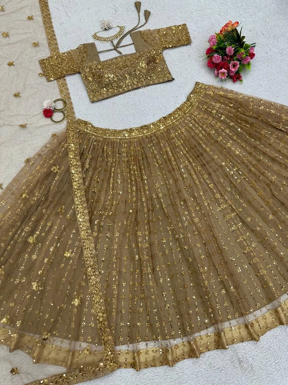 Brown Color Wedding Lehenga Choli in Soft Net Golden Sequence Bridal Lehenga-5