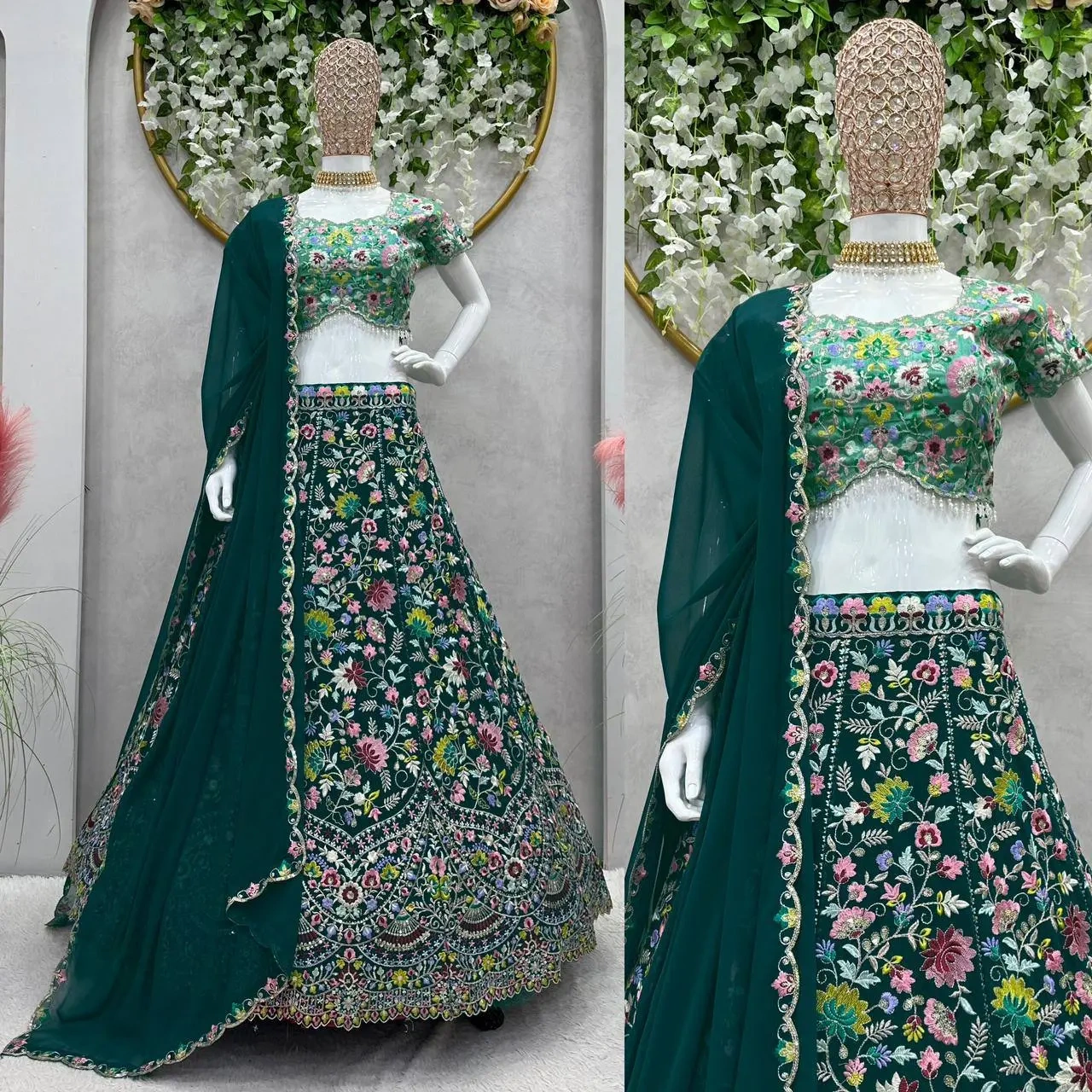 Heavy Embroidered Work Faux Georgette Green Bridal Lehenga Choli-QRC258