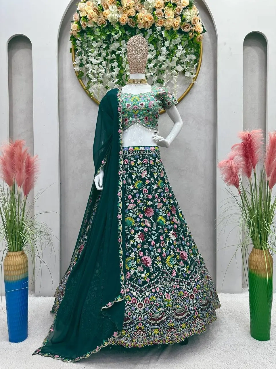 Heavy Embroidered Work Faux Georgette Green Bridal Lehenga Choli-2