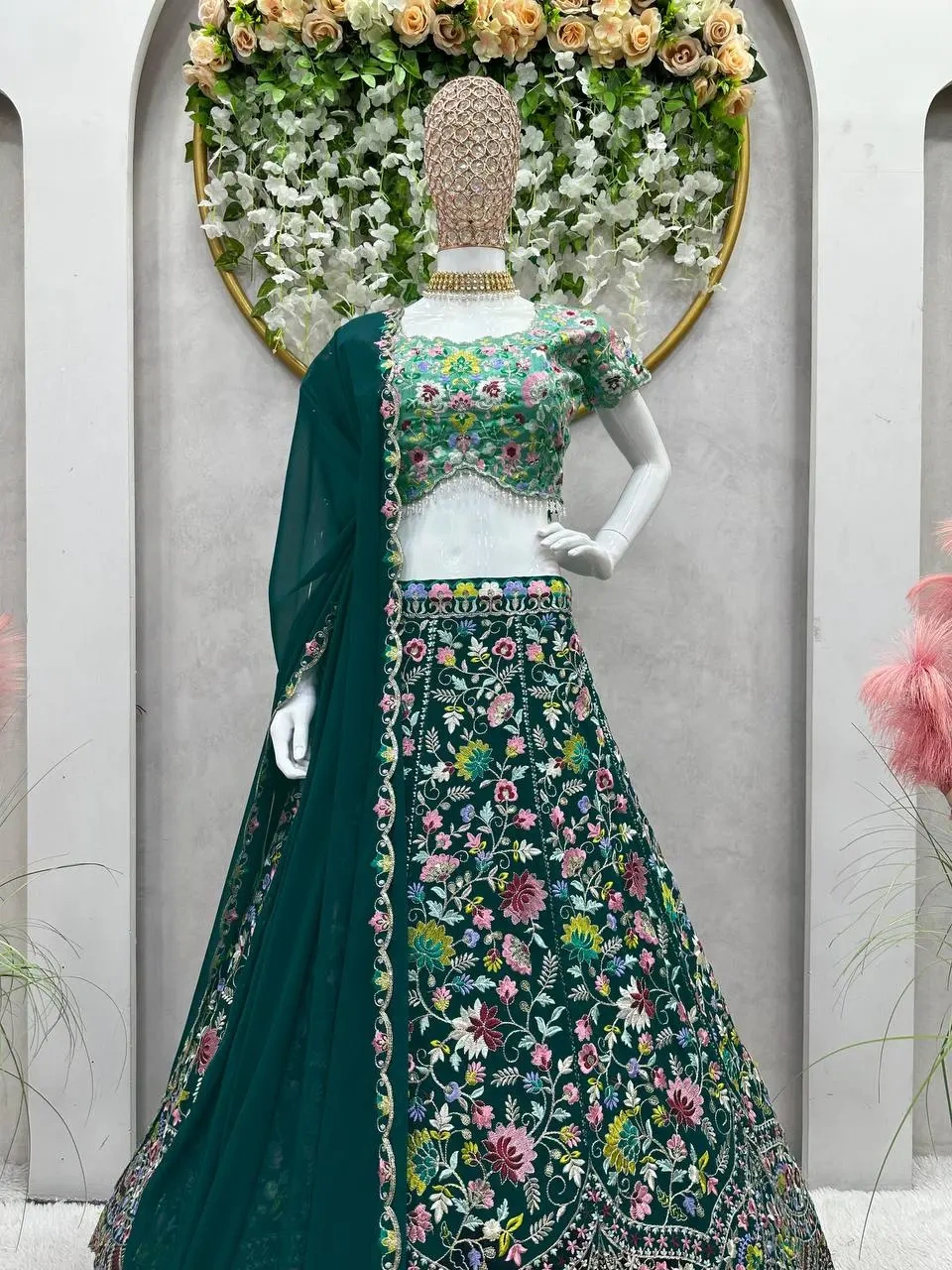 Heavy Embroidered Work Faux Georgette Green Bridal Lehenga Choli-3