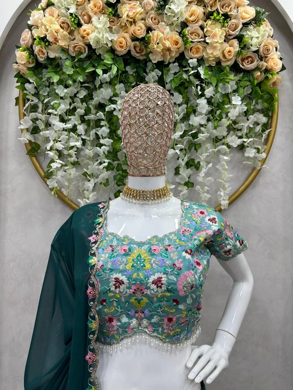 Heavy Embroidered Work Faux Georgette Green Bridal Lehenga Choli-4