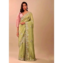 Binal Elegant Grass Green Chinon Silk Saree with Intricate Embroidery Work