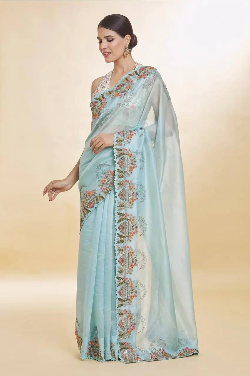 Blue Organza Hand Embroidered Sequin Resham Bordered Saree-3