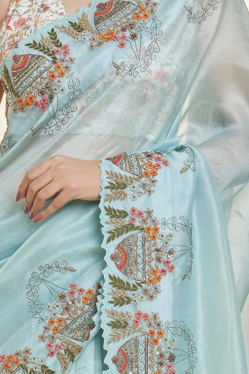 Blue Organza Hand Embroidered Sequin Resham Bordered Saree-4