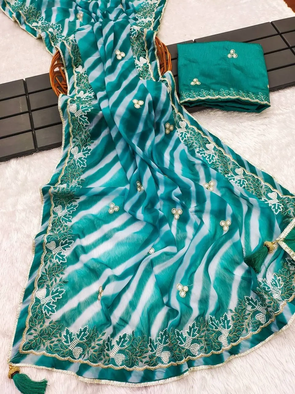 Elegant Embroidered Leheriya Georgette Saree-Cyan-3