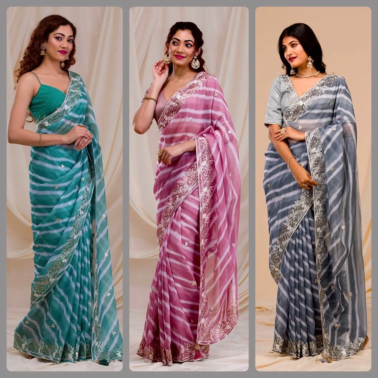 Elegant Embroidered Leheriya Georgette Saree-Cyan-5