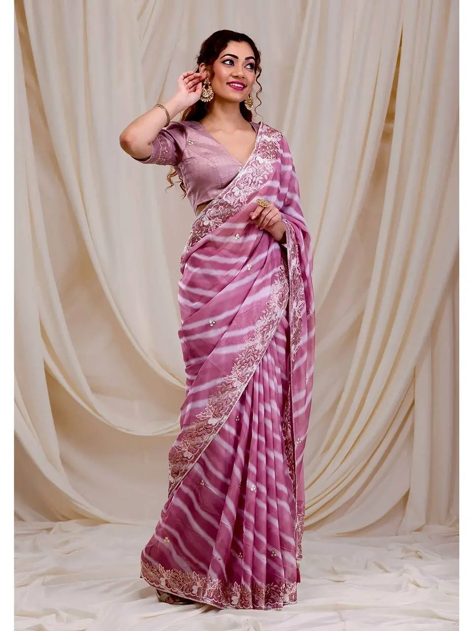 Elegant Embroidered Leheriya Georgette Saree-Pink-2