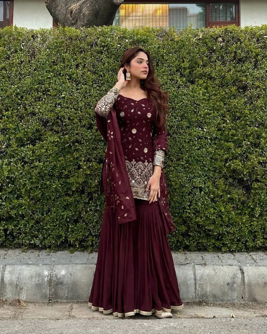Elevate Your Style with the Cocoa Bean Faux Georgette Sharara Set-RTC5719_M