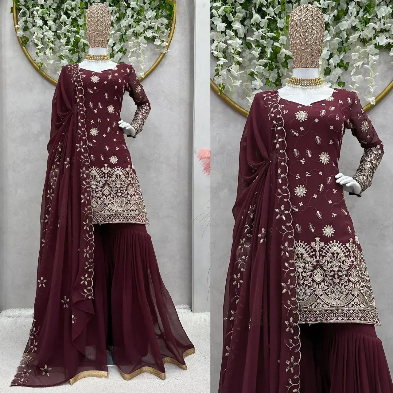 Elevate Your Style with the Cocoa Bean Faux Georgette Sharara Set-Brown-M-1