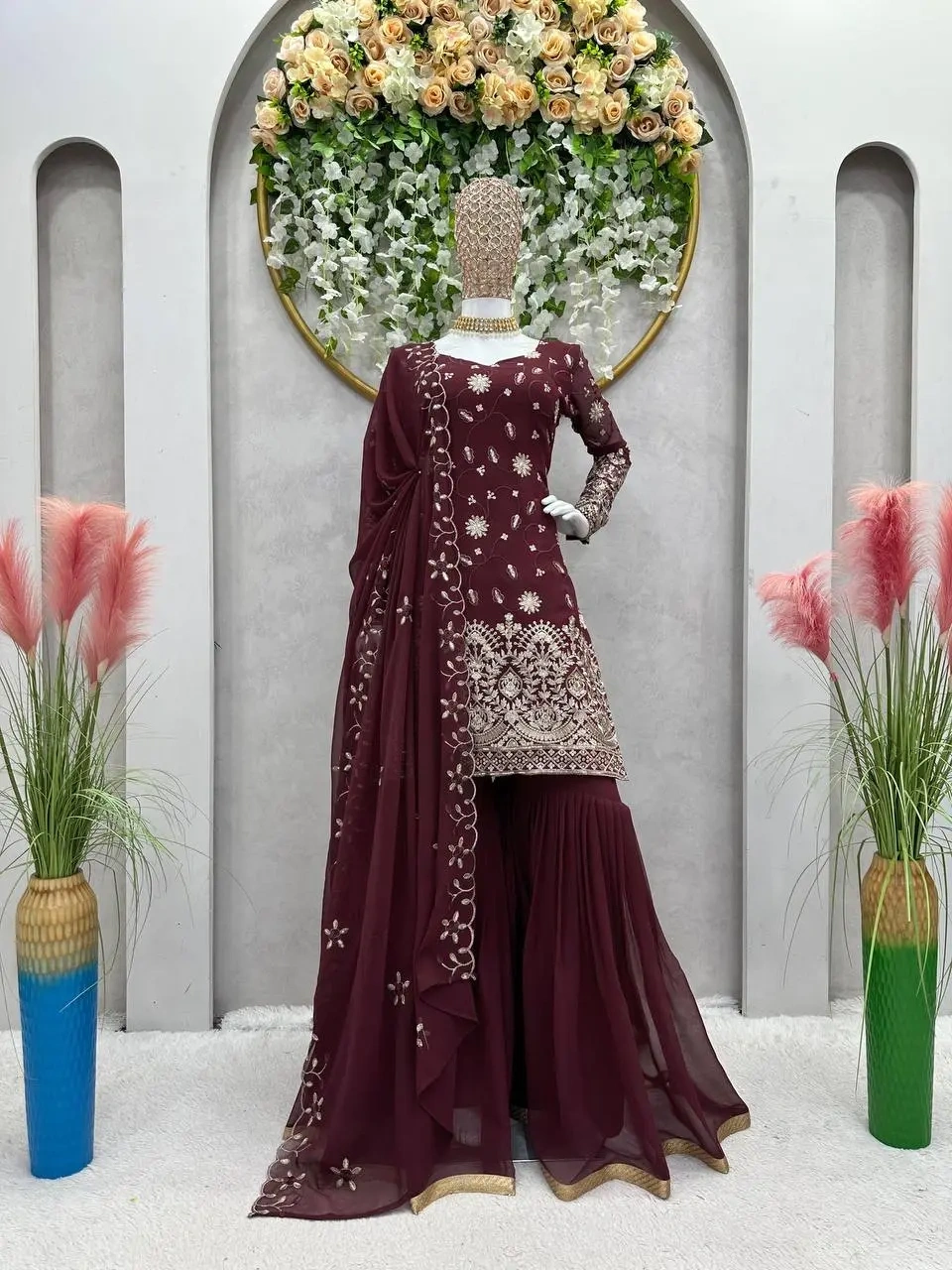 Elevate Your Style with the Cocoa Bean Faux Georgette Sharara Set-Brown-M-3