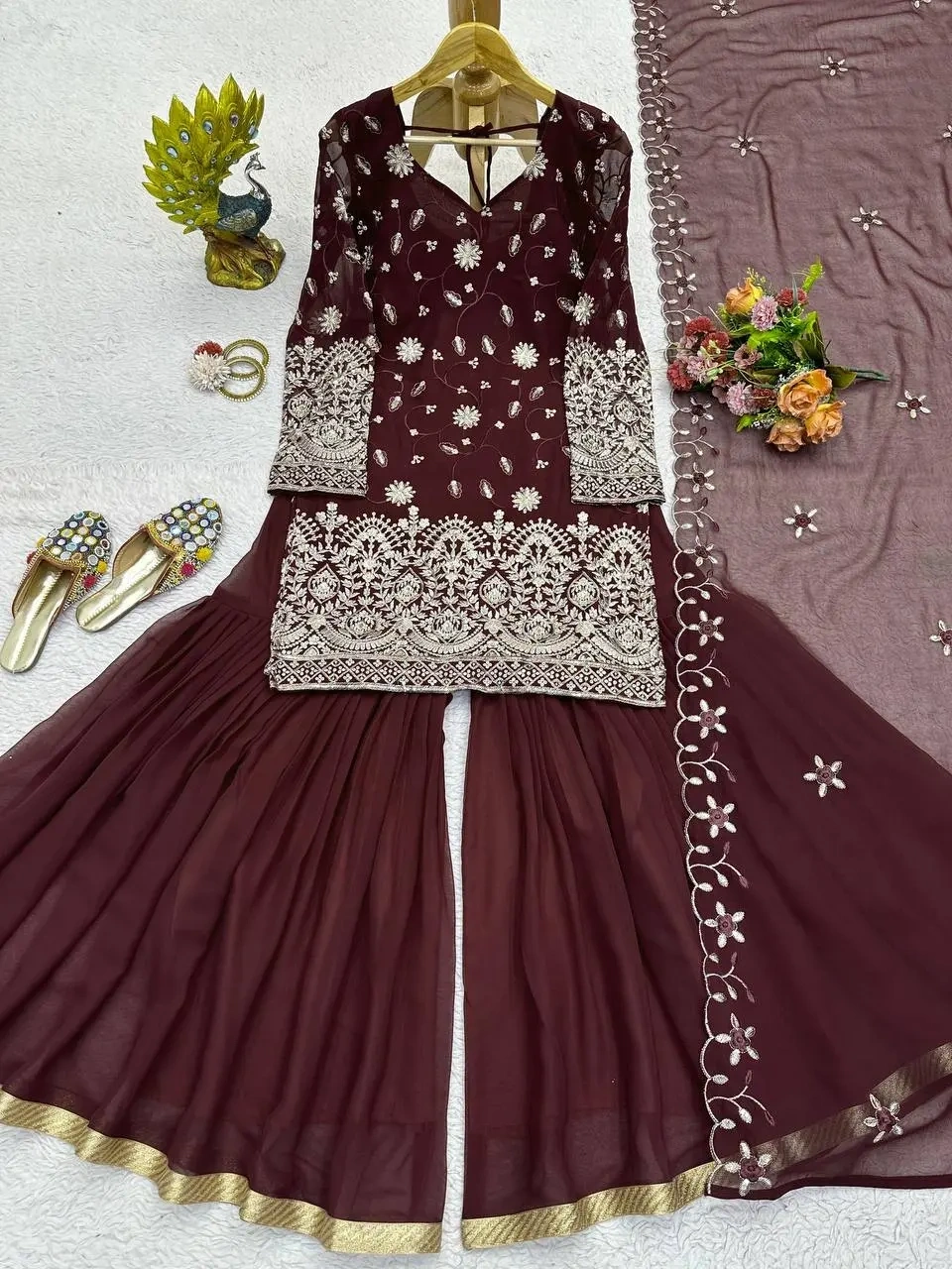 Elevate Your Style with the Cocoa Bean Faux Georgette Sharara Set-Brown-M-5