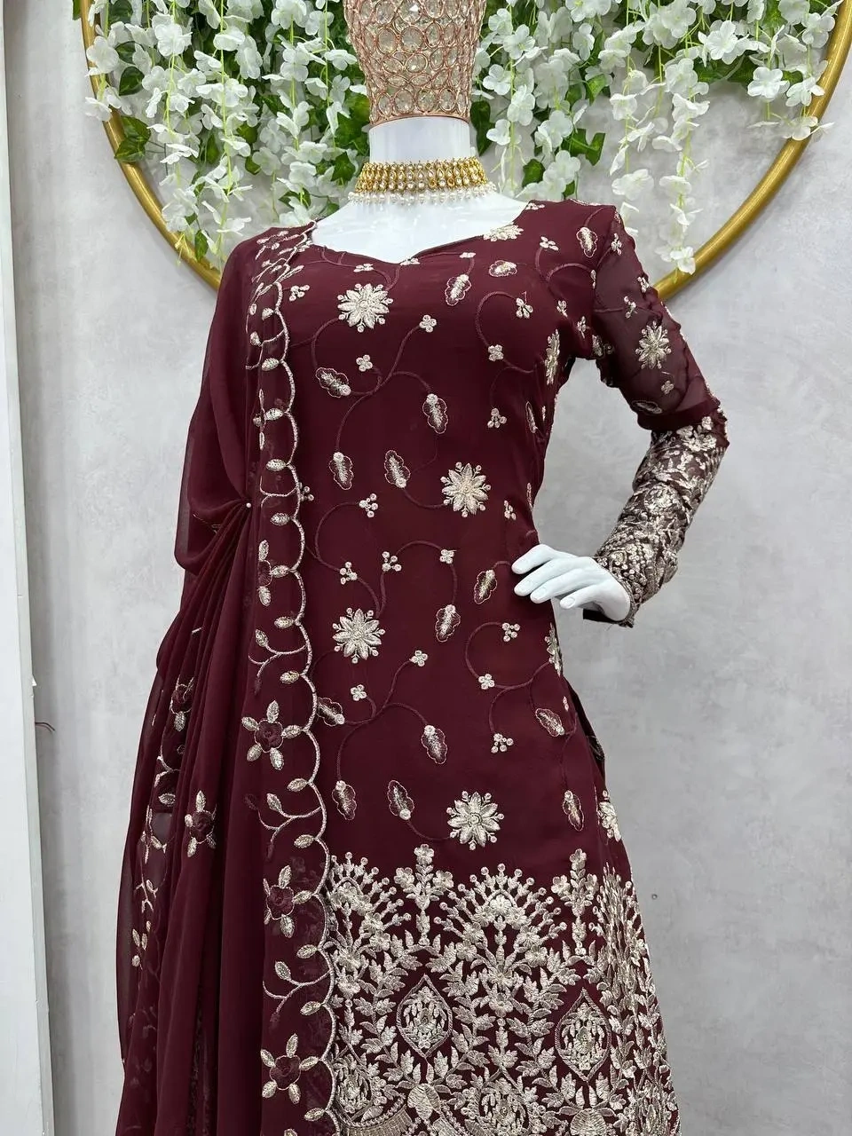 Elevate Your Style with the Cocoa Bean Faux Georgette Sharara Set-Brown-L-4