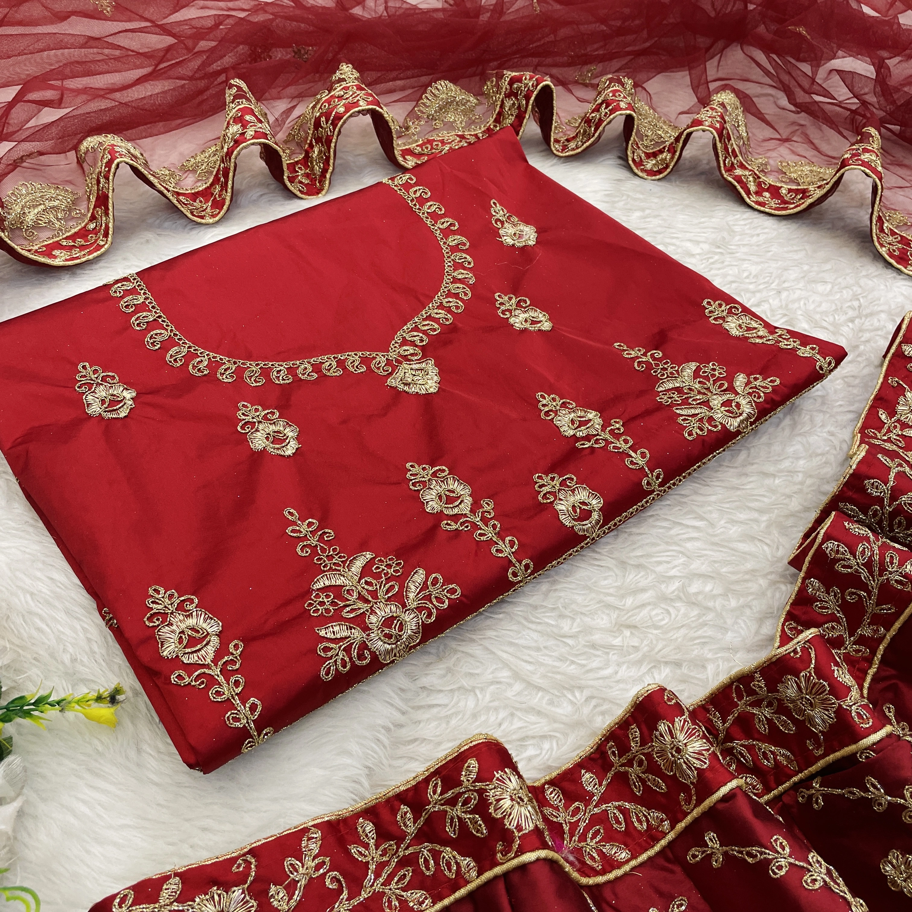 Luxurious Red Embroidered Satin Lehenga Choli Set with Dupatta-Red-1