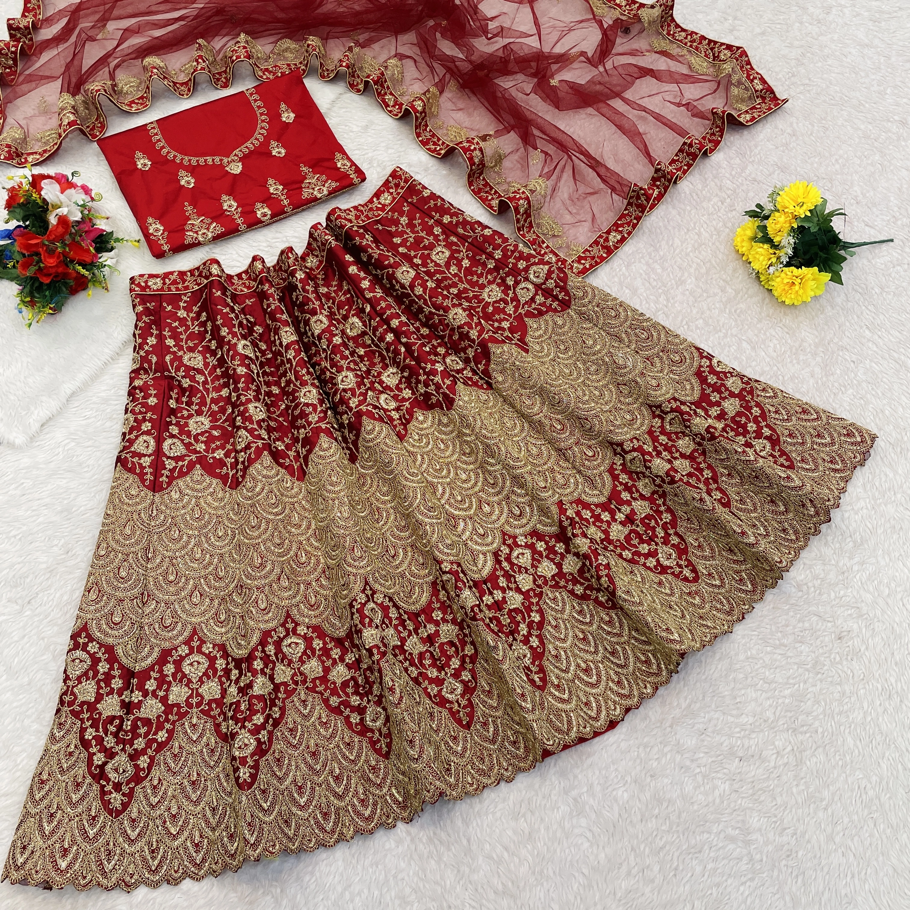 Luxurious Red Embroidered Satin Lehenga Choli Set with Dupatta-MF001